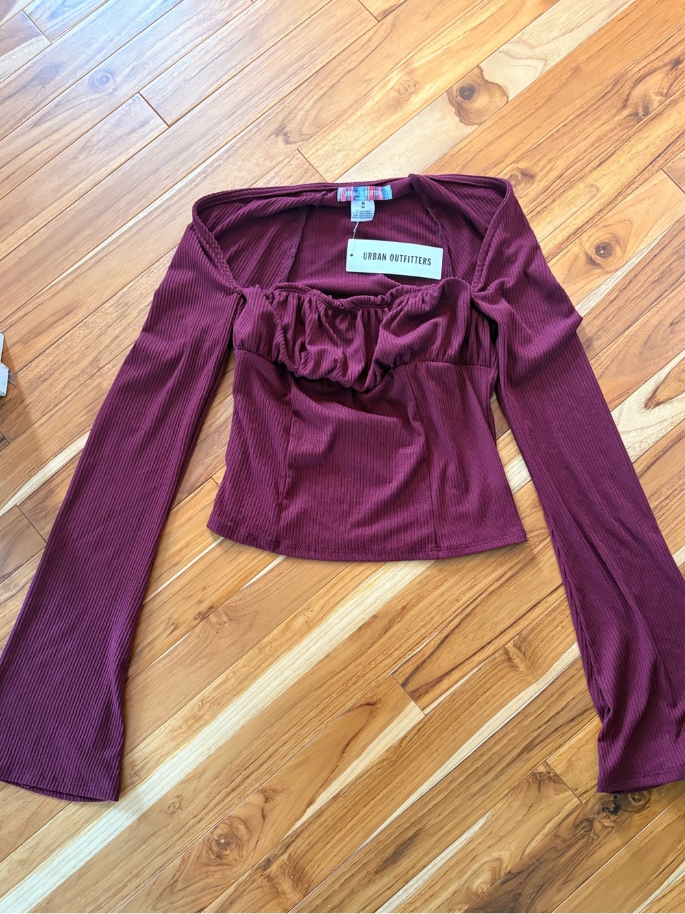 Urban Outfitters Wine Ribbed Long-Sleeve Square-Neck Crop Top